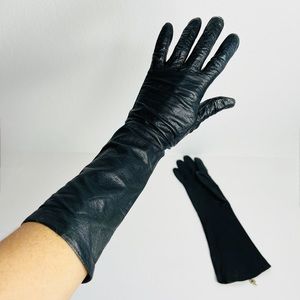 John Wanamaker Womens Leather Gloves Long Black Silk Lined France Vintage Sz 6/2